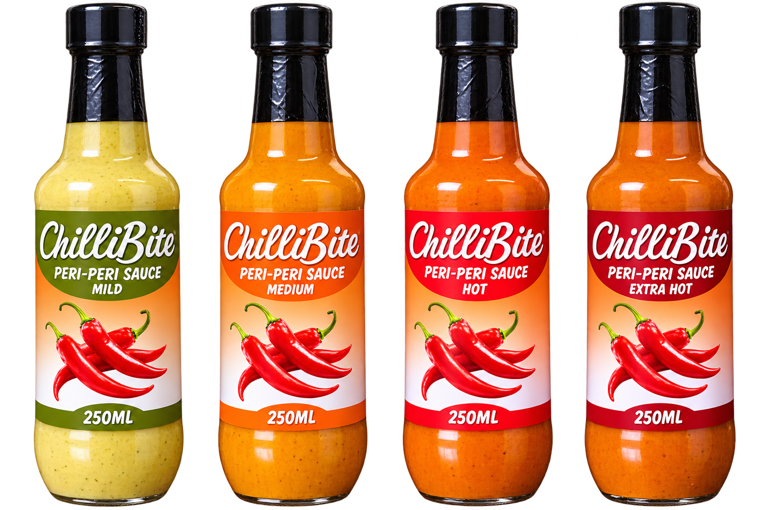 ChilliBite peri-peri sauces in Mild, Medium, Hot and Extra Hot