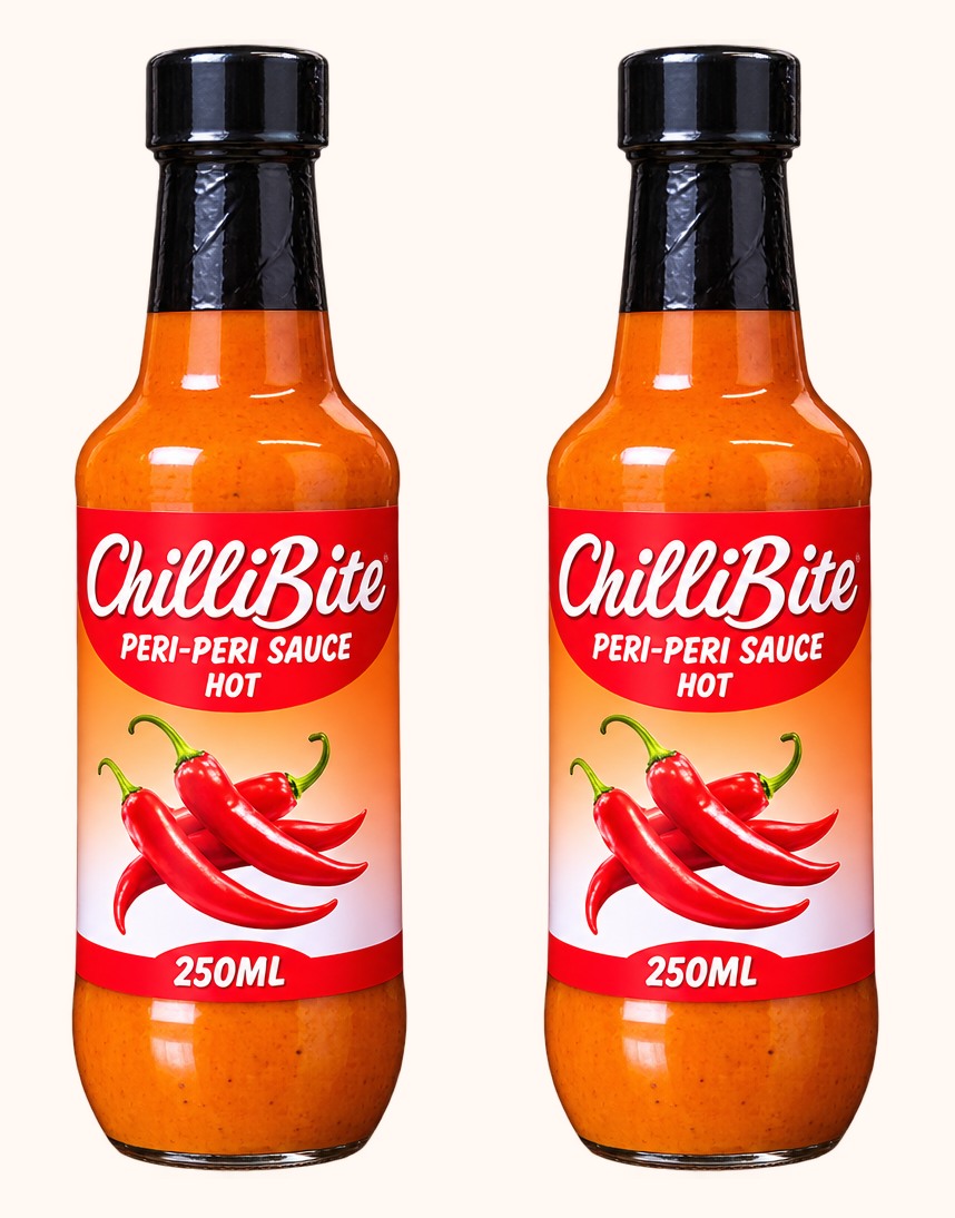 Two ChilliBite Hot peri-peri sauce bottles together